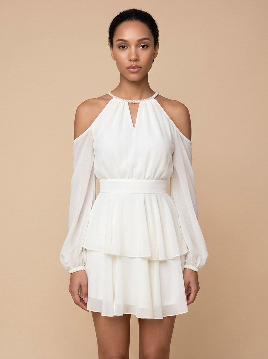 Chiffon Long Sleeve Halter Tiered Mini Dress