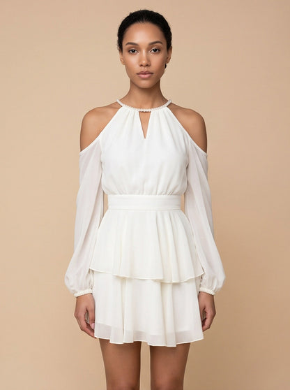 Chiffon Long Sleeve Halter Tiered Mini Dress