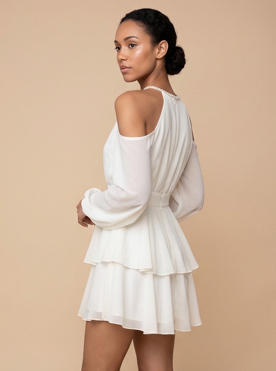 Chiffon Long Sleeve Halter Tiered Mini Dress
