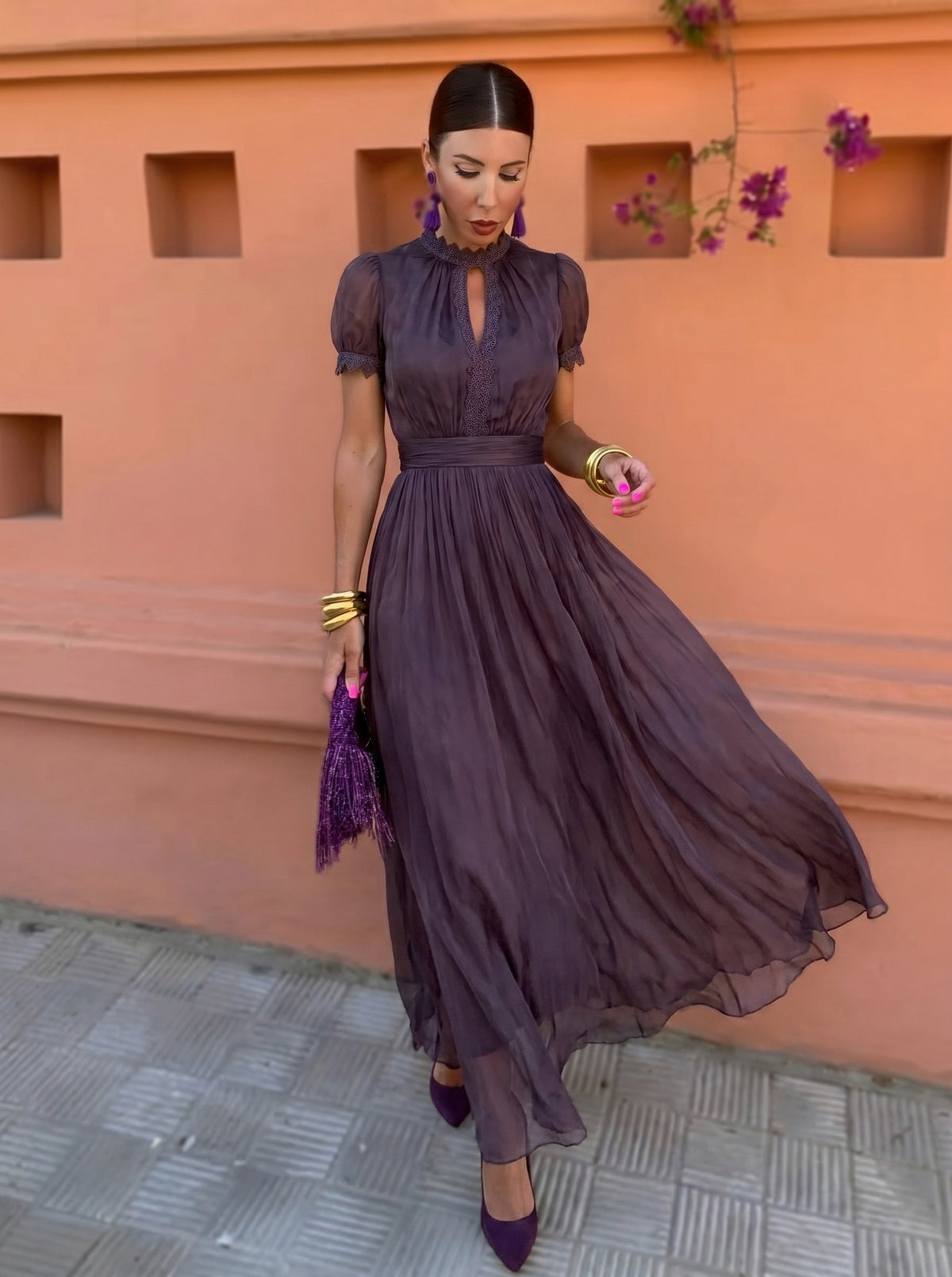 Chiffon Puff Sleeve High Neck Pleated Maxi Dress