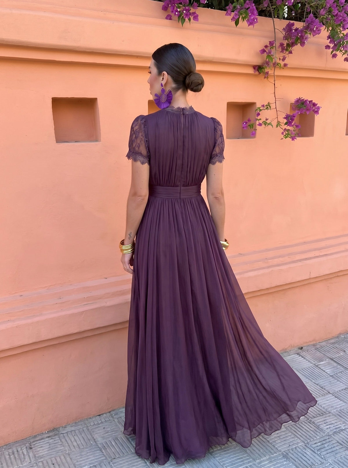 Chiffon Puff Sleeve High Neck Pleated Maxi Dress