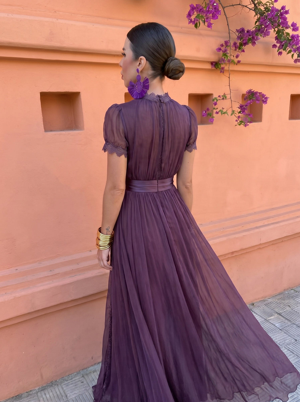 Chiffon Puff Sleeve High Neck Pleated Maxi Dress