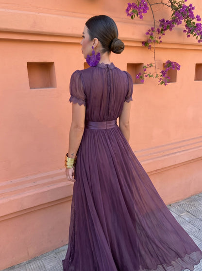 Chiffon Puff Sleeve High Neck Pleated Maxi Dress