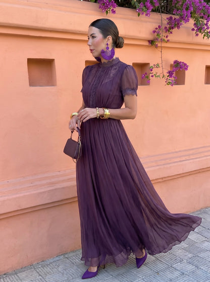 Chiffon Puff Sleeve High Neck Pleated Maxi Dress