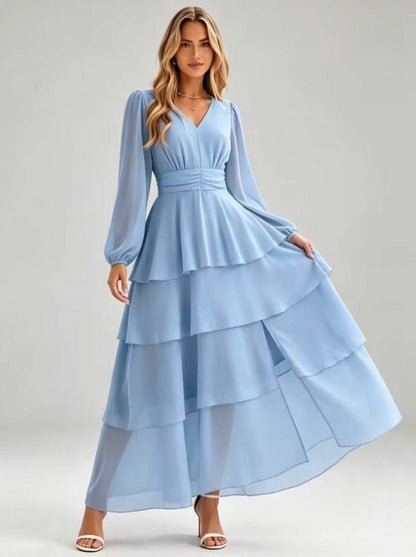 Chiffon Long Sleeve Tiered Maxi Dress