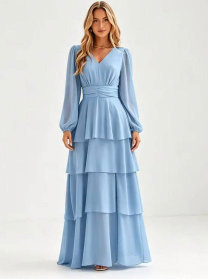 Chiffon Long Sleeve Tiered Maxi Dress