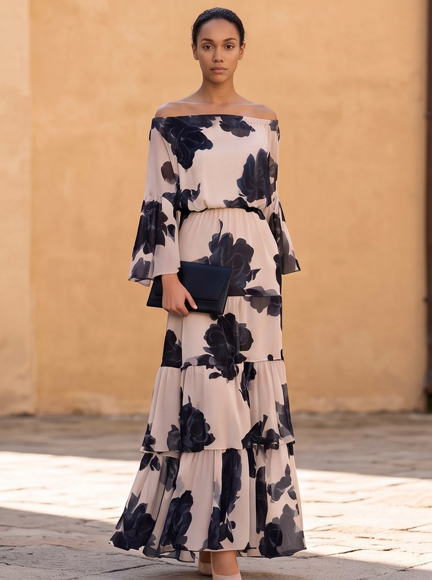 Chiffon Long Bell Sleeve Off Shoulder Maxi Dress