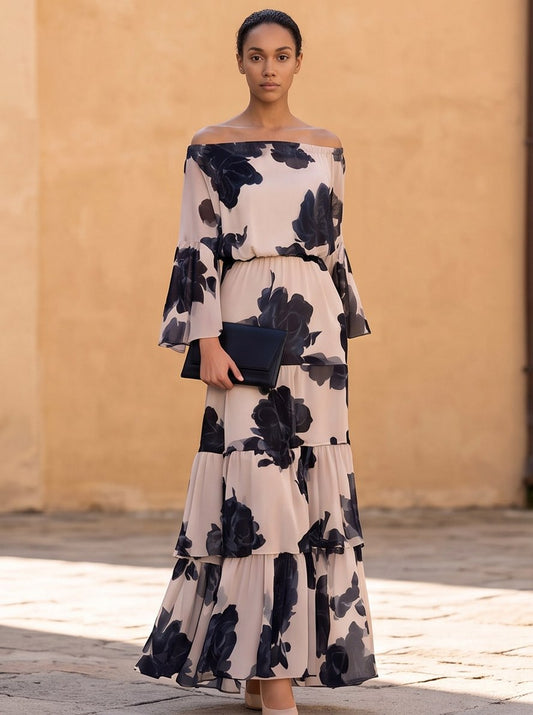 Chiffon Long Bell Sleeve Off Shoulder Maxi Dress