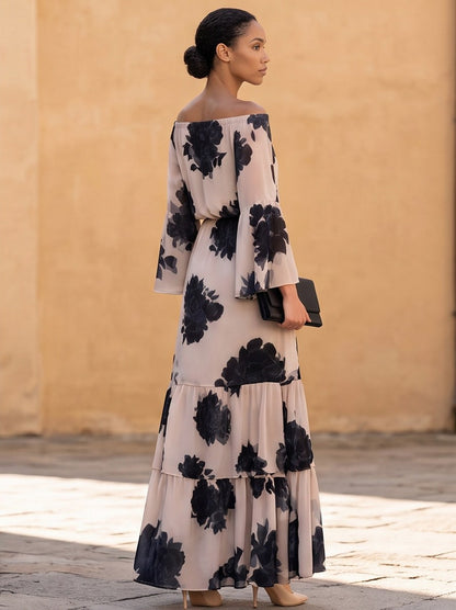 Chiffon Long Bell Sleeve Off Shoulder Maxi Dress