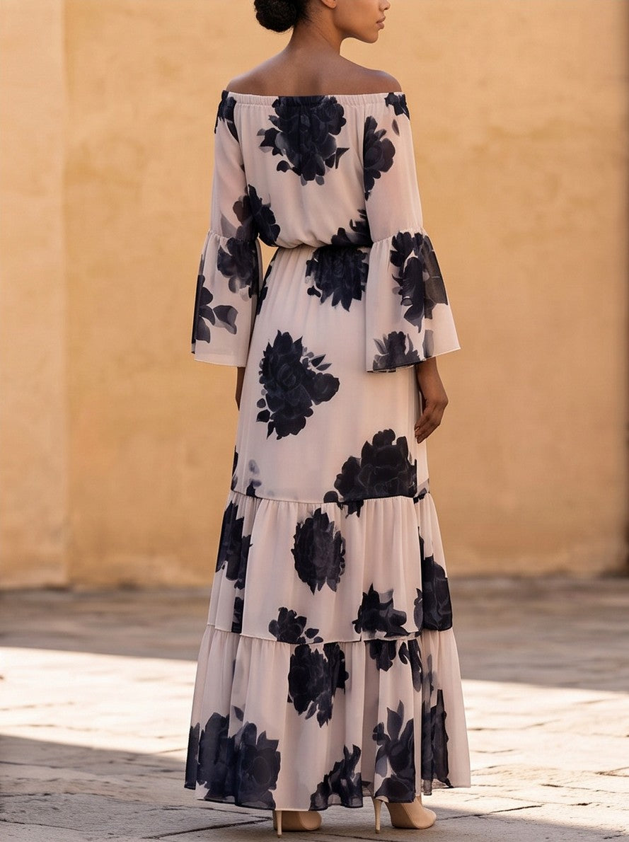 Chiffon Long Bell Sleeve Off Shoulder Maxi Dress