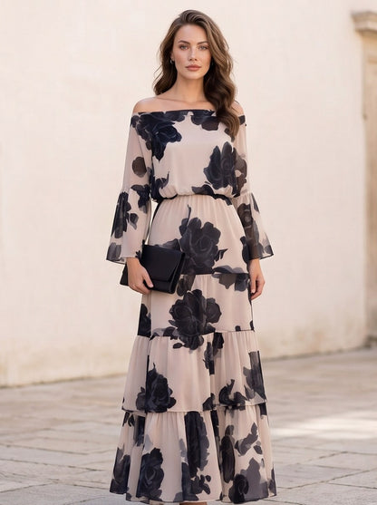 Chiffon Long Bell Sleeve Off Shoulder Maxi Dress