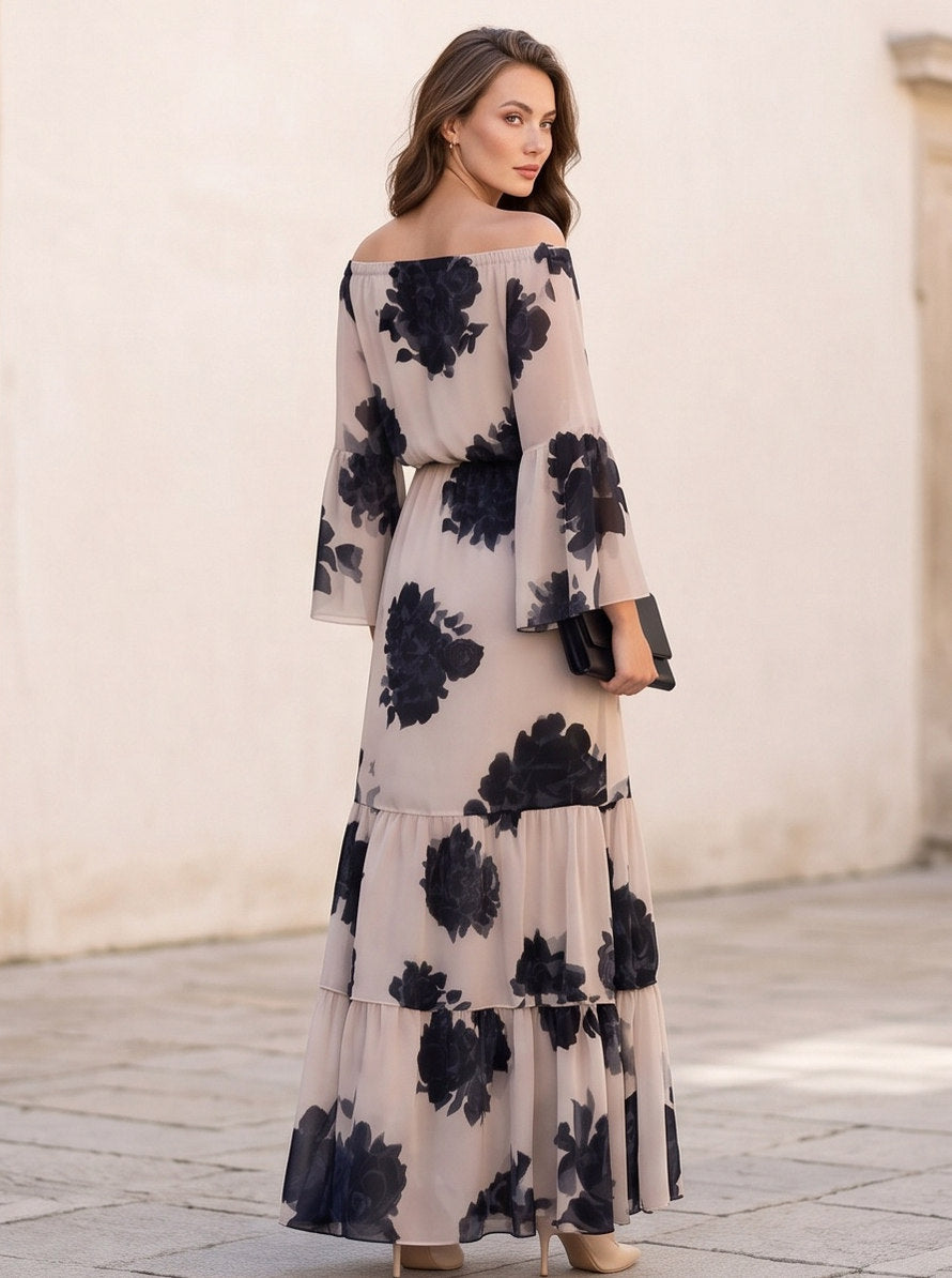 Chiffon Long Bell Sleeve Off Shoulder Maxi Dress