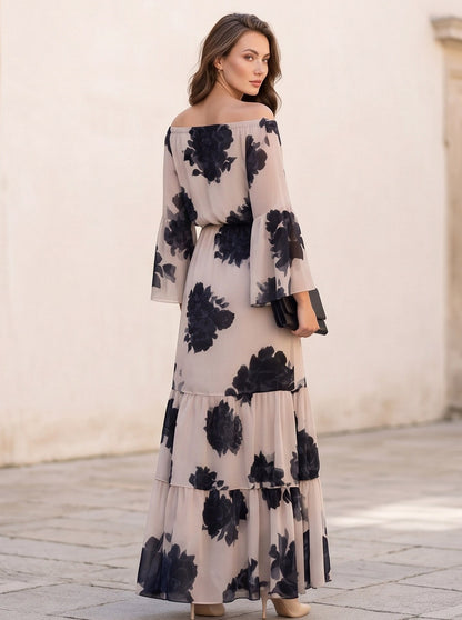Chiffon Long Bell Sleeve Off Shoulder Maxi Dress