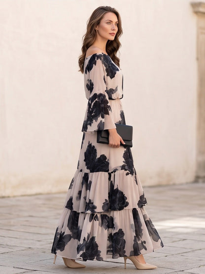 Chiffon Long Bell Sleeve Off Shoulder Maxi Dress