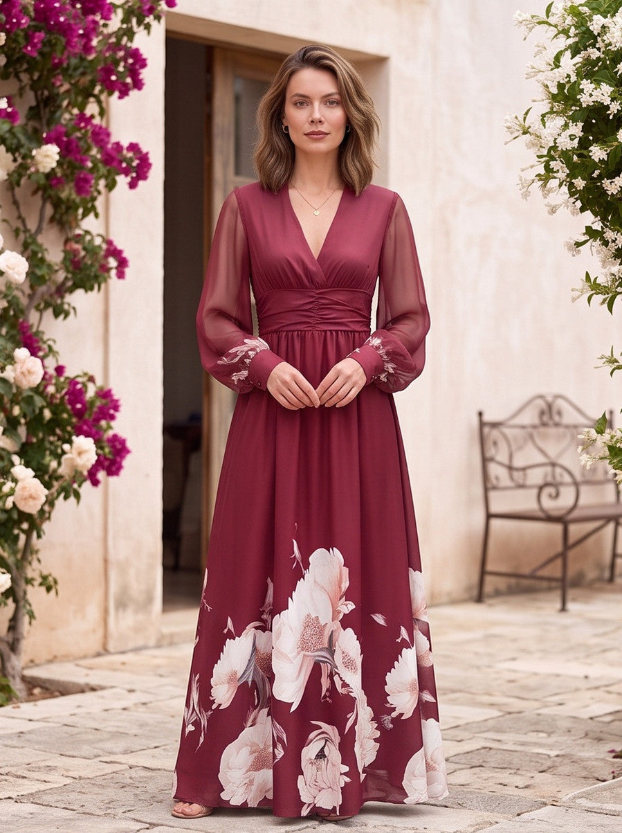 Chiffon Ruched Sleeve Maxi Dress