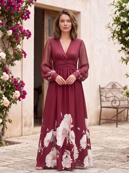 Chiffon Ruched Sleeve Maxi Dress