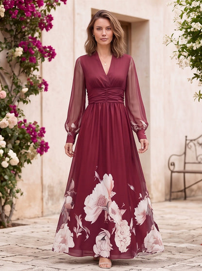 Chiffon Ruched Sleeve Maxi Dress
