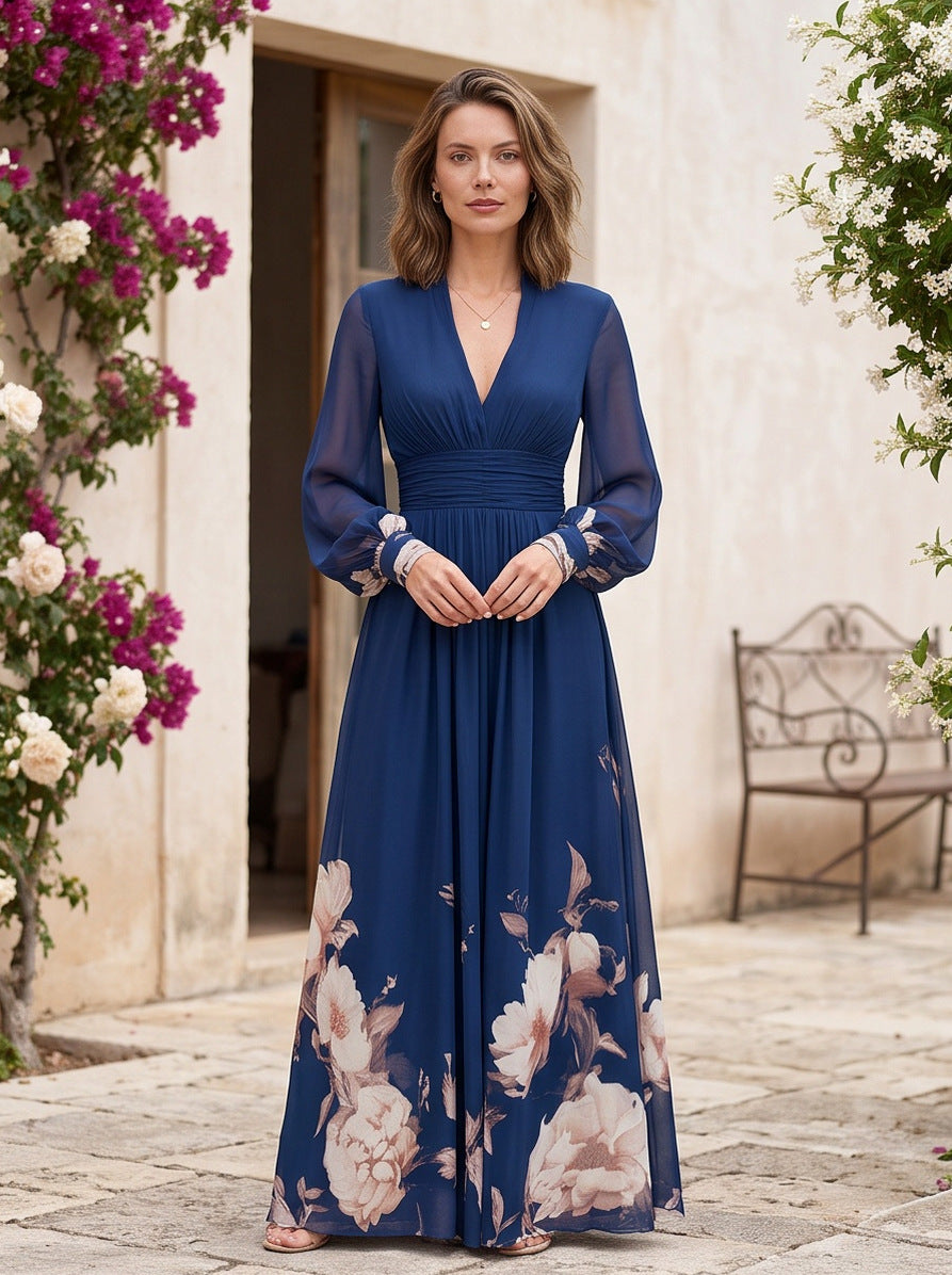 Chiffon Ruched Sleeve Maxi Dress