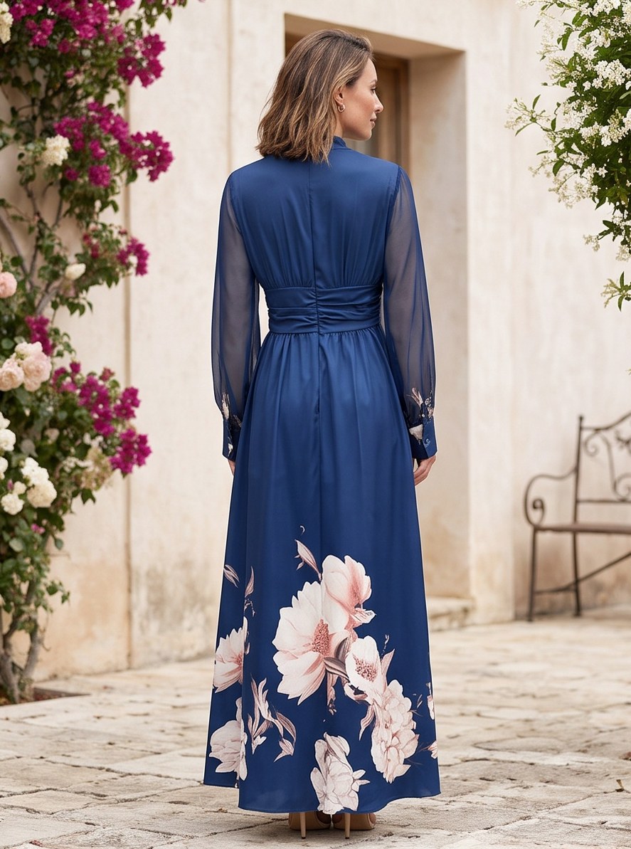 Chiffon Ruched Sleeve Maxi Dress