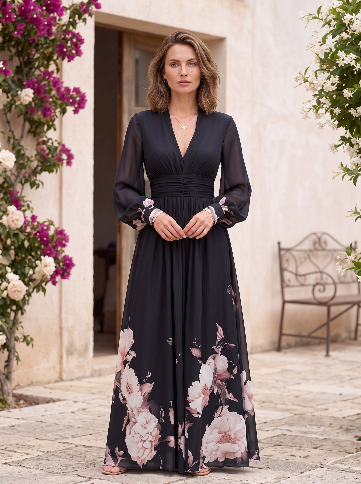 Chiffon Ruched Sleeve Maxi Dress
