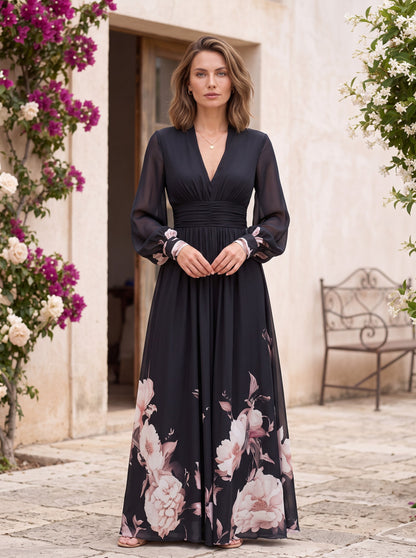 Chiffon Ruched Sleeve Maxi Dress