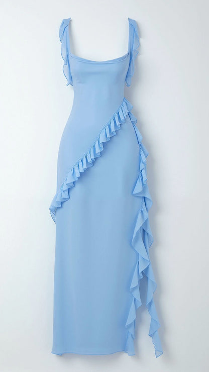 Chiffon Ruffle High Slit Maxi Dress