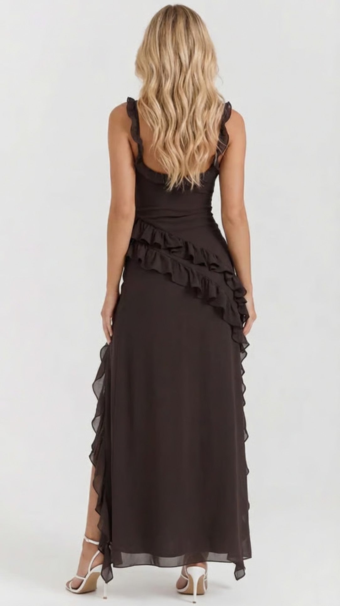 Chiffon Ruffle High Slit Maxi Dress