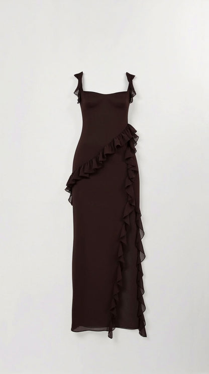 Chiffon Ruffle High Slit Maxi Dress