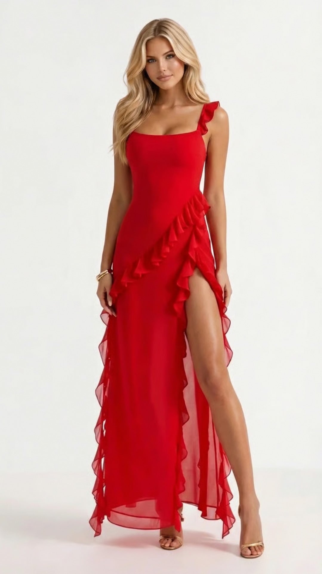 Chiffon Ruffle High Slit Maxi Dress