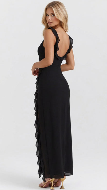 Chiffon Ruffle High Slit Maxi Dress