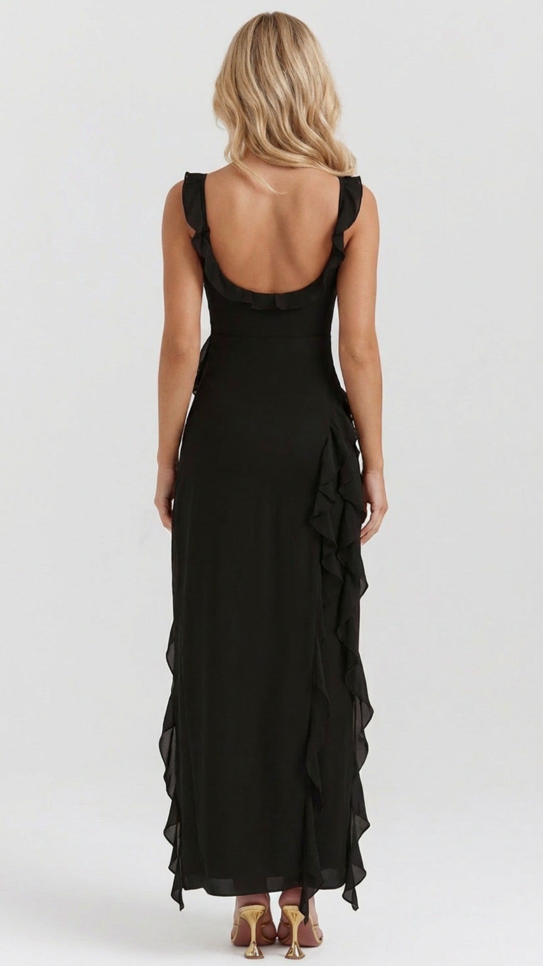 Chiffon Ruffle High Slit Maxi Dress