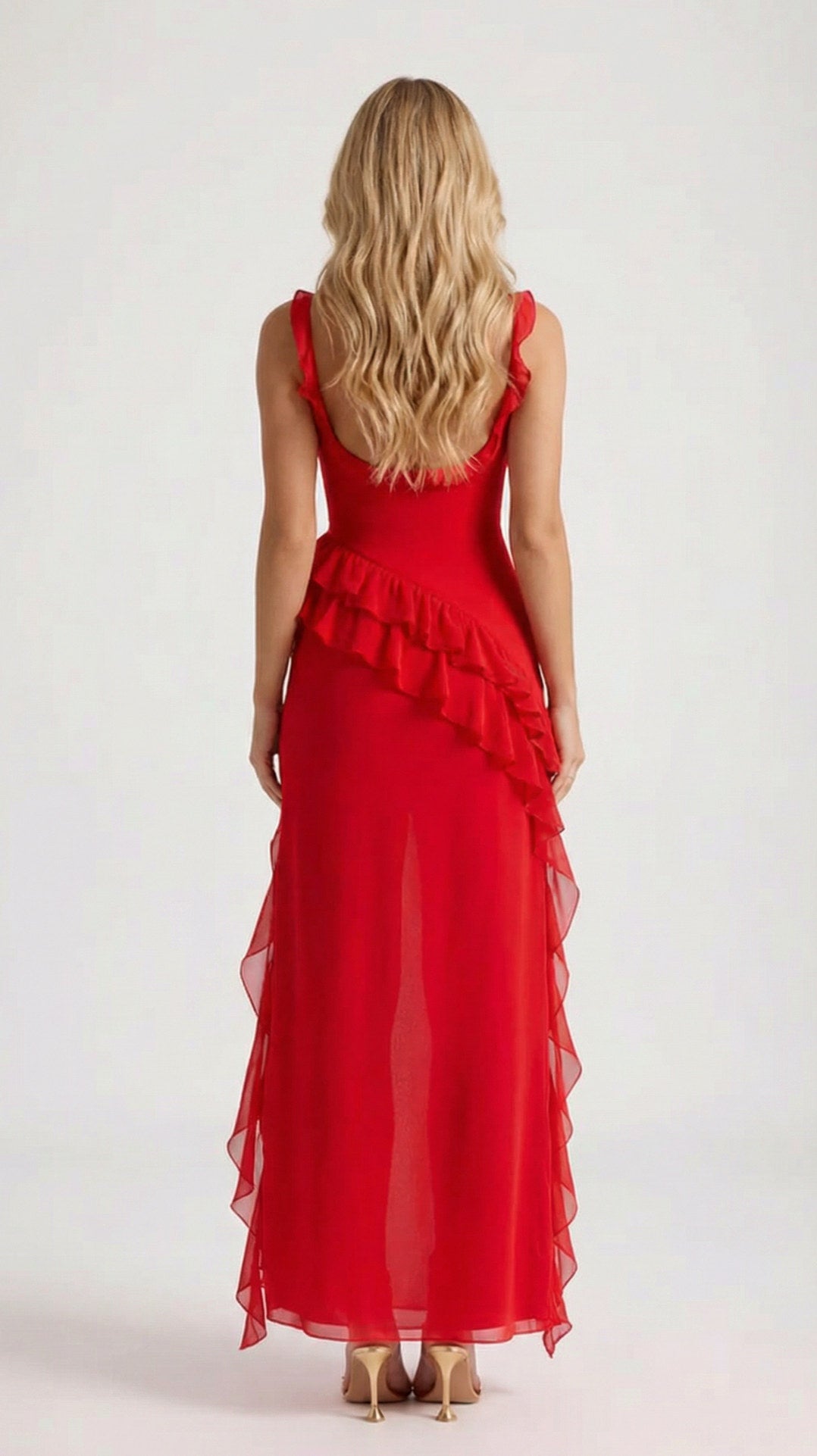 Chiffon Ruffle High Slit Maxi Dress