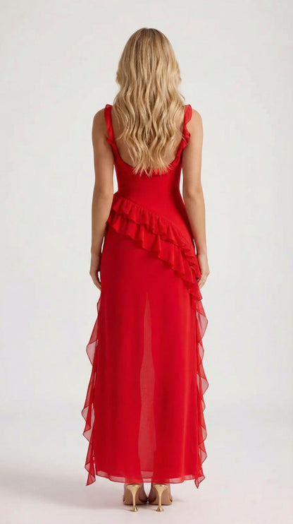 Chiffon Ruffle High Slit Maxi Dress