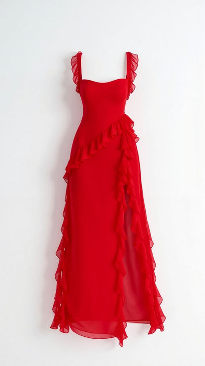 Chiffon Ruffle High Slit Maxi Dress