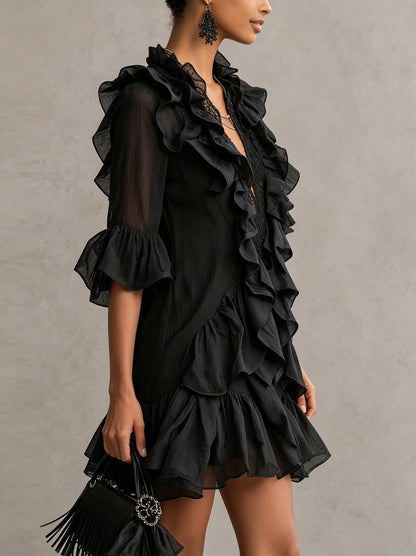Chiffon Ruffle Lace Mini Dress