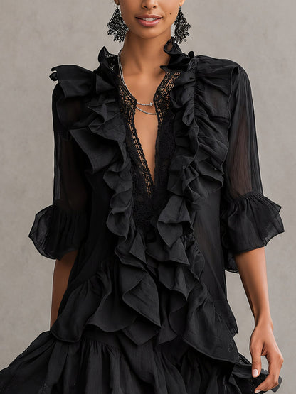 Chiffon Ruffle Lace Mini Dress