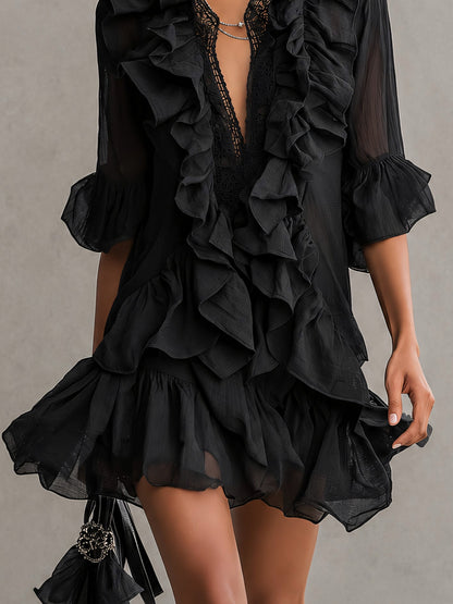Chiffon Ruffle Lace Mini Dress