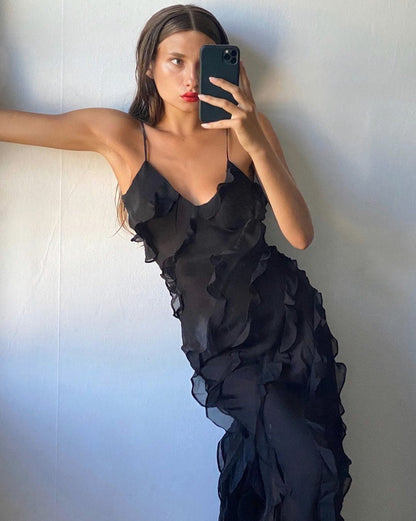 Chiffon Ruffle Slip Maxi Dress