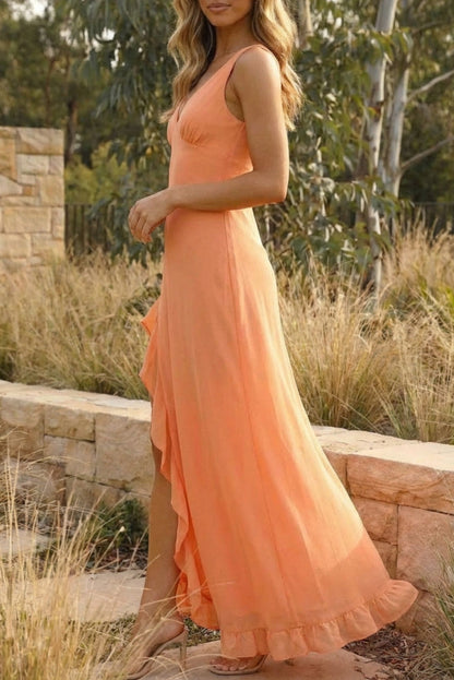 Chiffon Ruffle Slit Maxi Dress