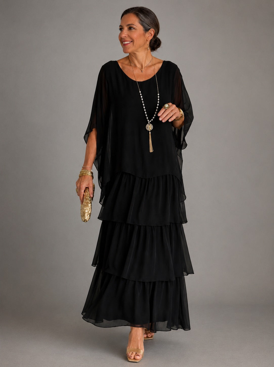Chiffon Short Sleeve Tiered Maxi Dress