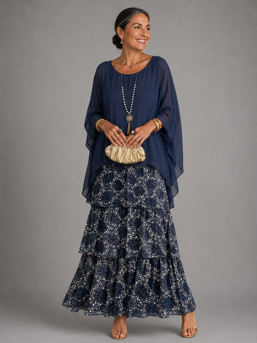 Chiffon Short Sleeve Tiered Maxi Dress