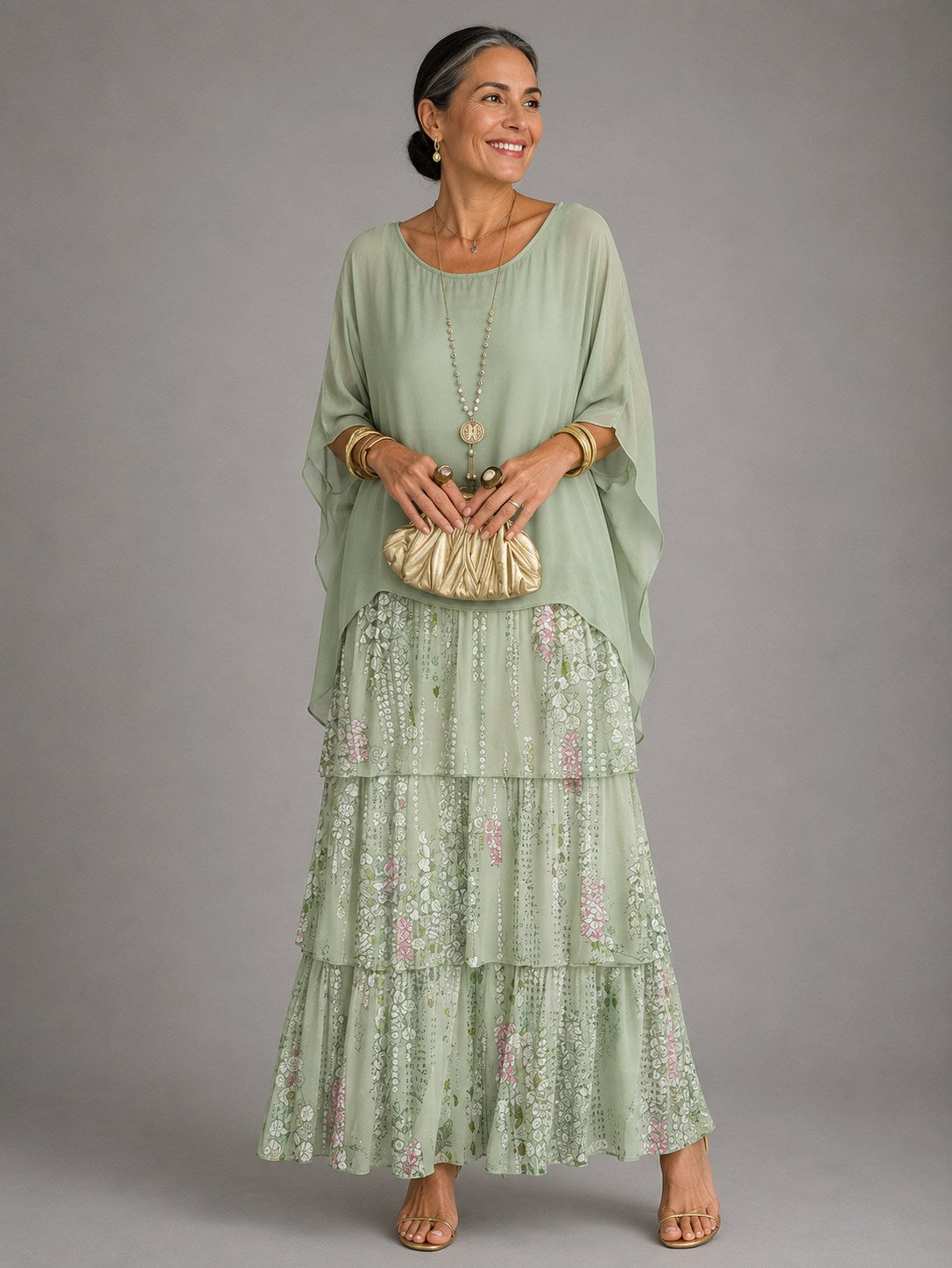 Chiffon Short Sleeve Tiered Maxi Dress