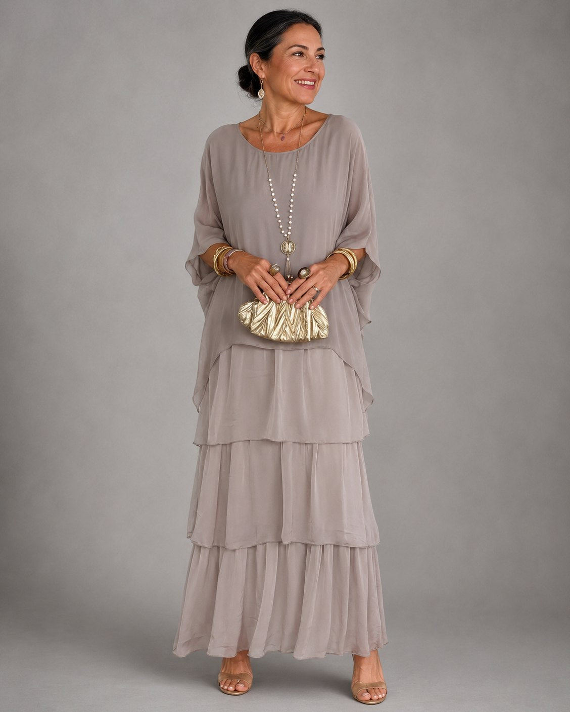 Chiffon Short Sleeve Tiered Maxi Dress