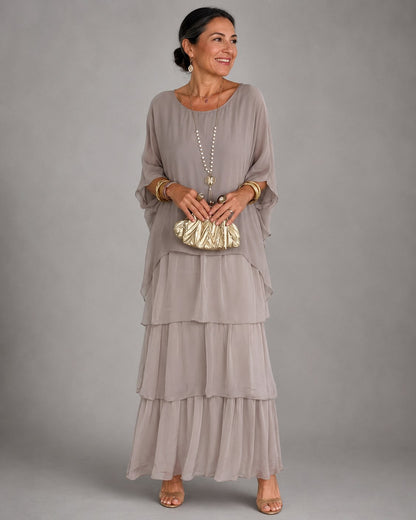 Chiffon Short Sleeve Tiered Maxi Dress