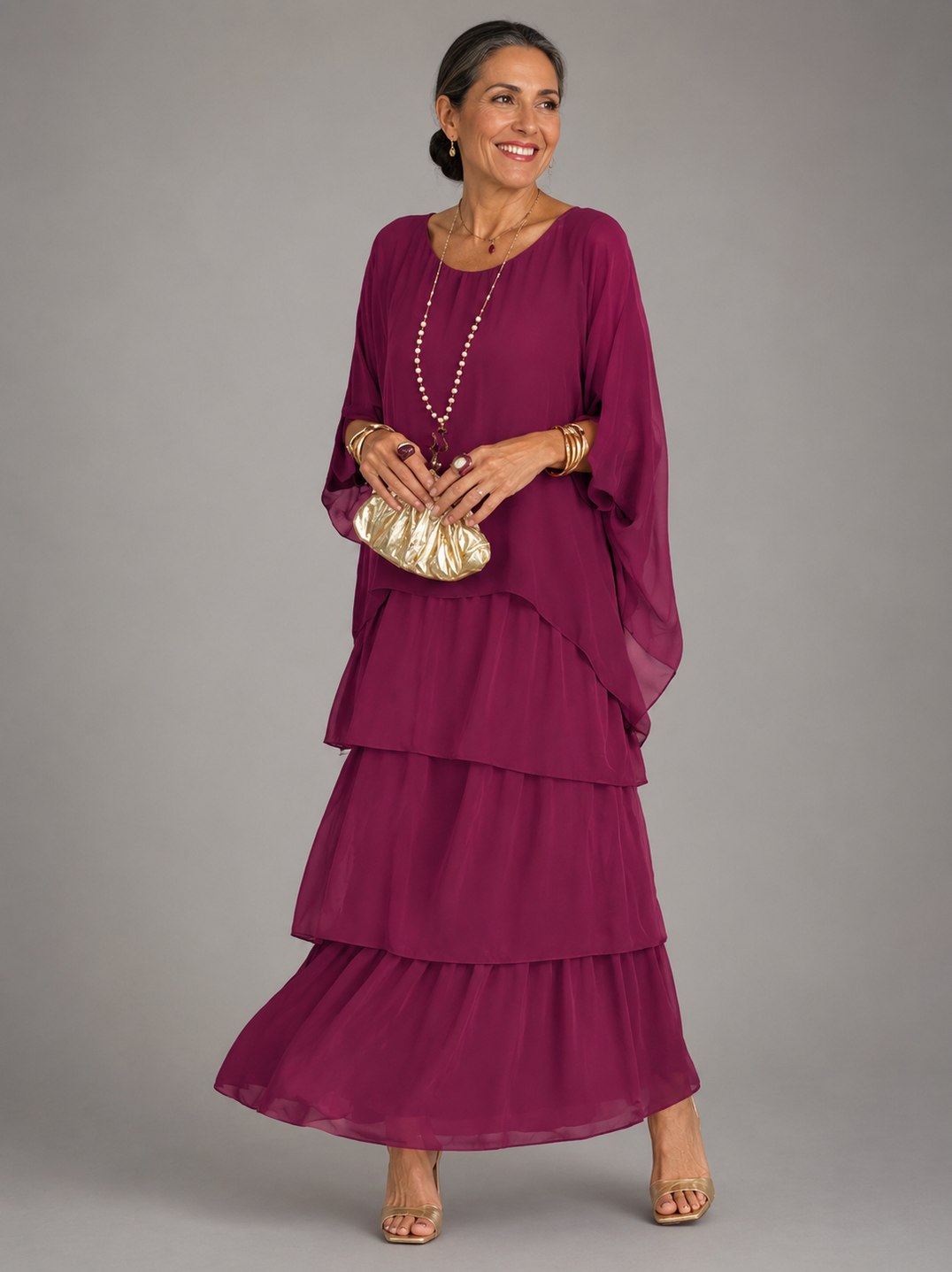 Chiffon Short Sleeve Tiered Maxi Dress