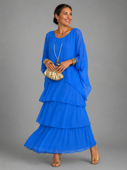 Chiffon Short Sleeve Tiered Maxi Dress