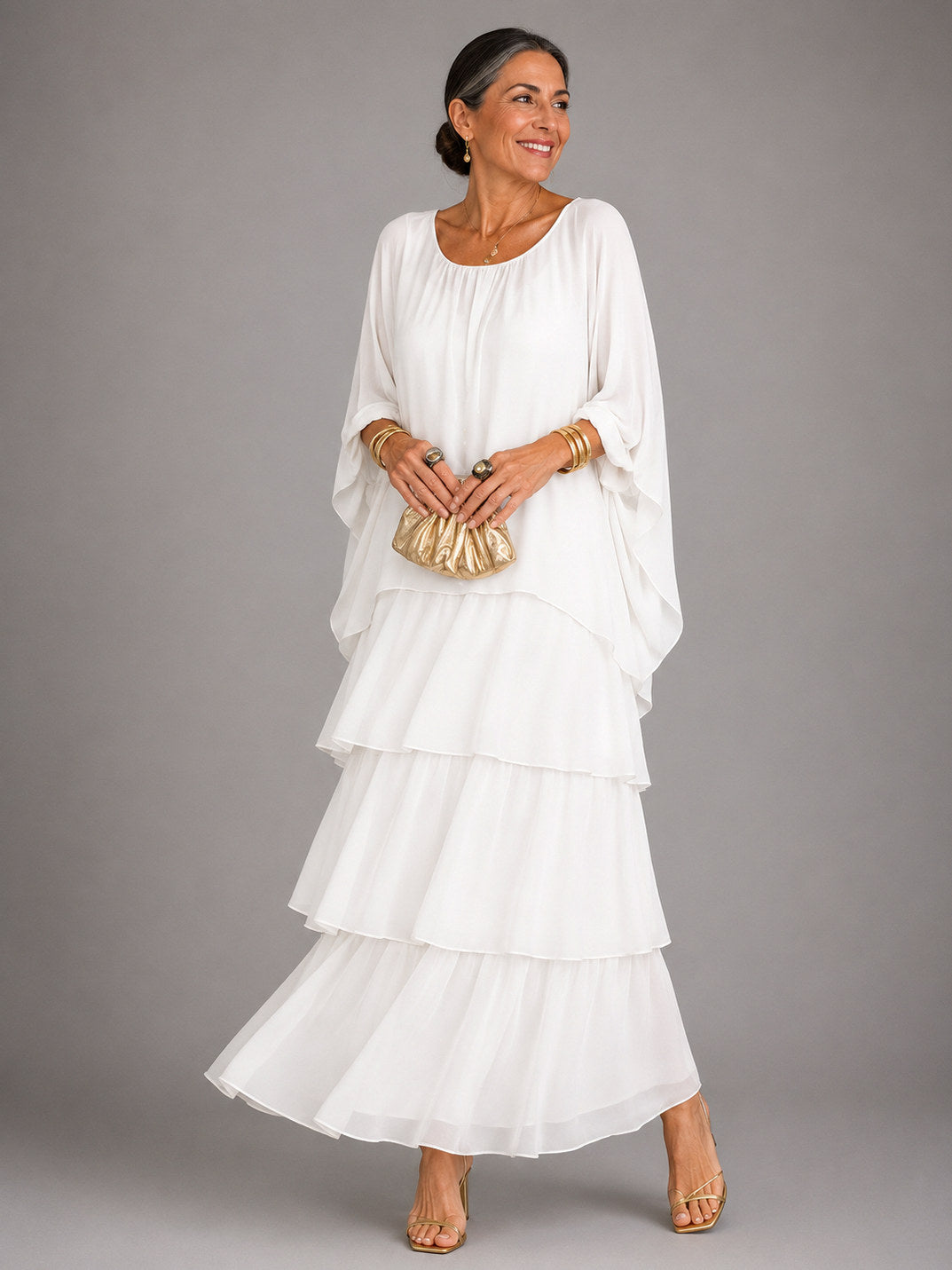 Chiffon Short Sleeve Tiered Maxi Dress