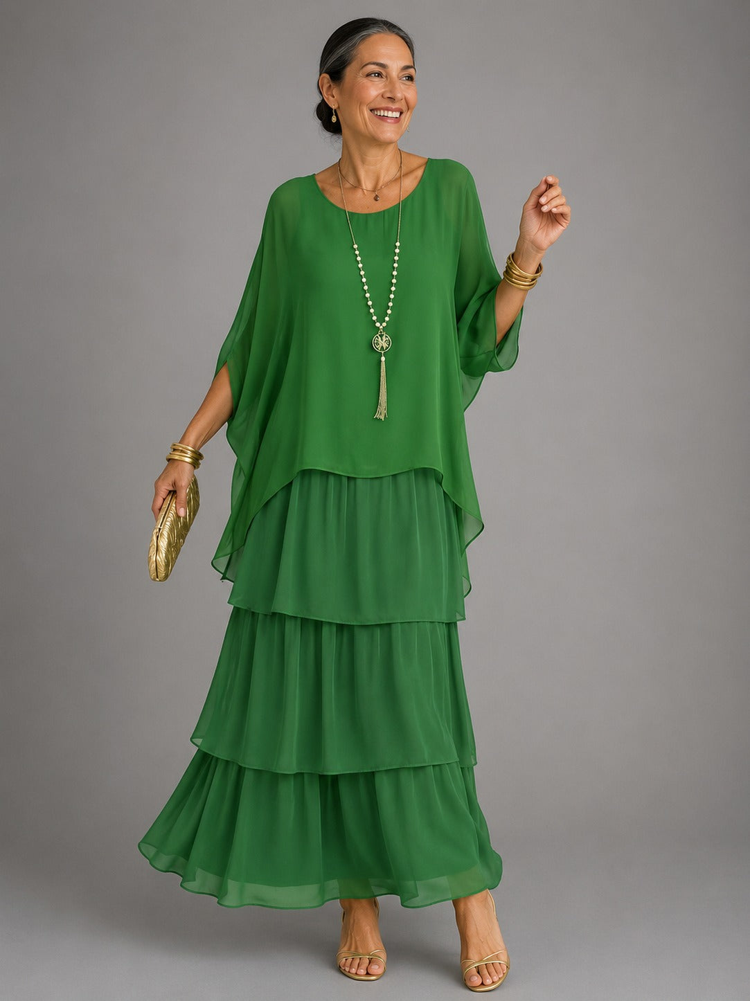 Chiffon Short Sleeve Tiered Maxi Dress