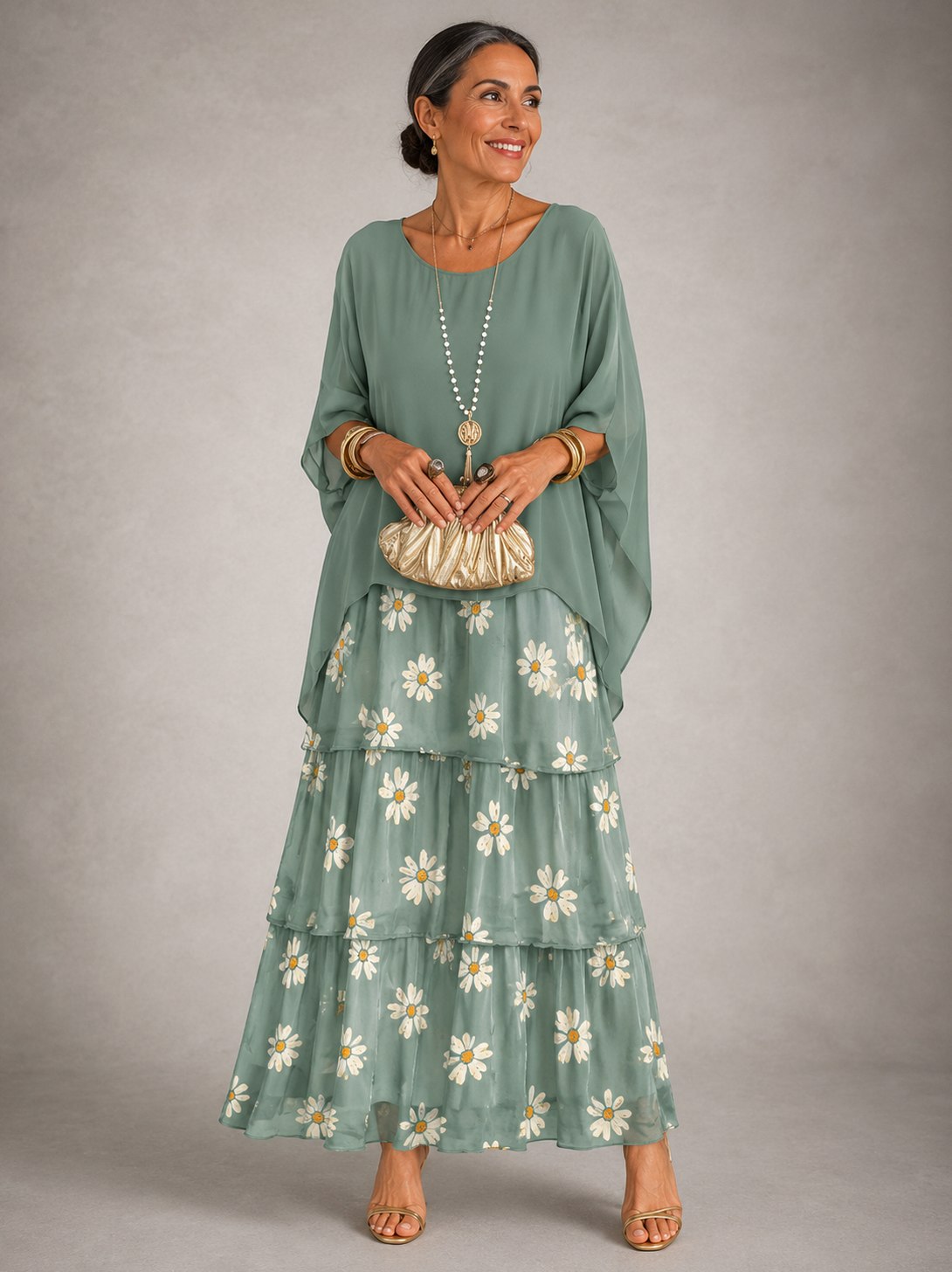 Chiffon Short Sleeve Tiered Maxi Dress