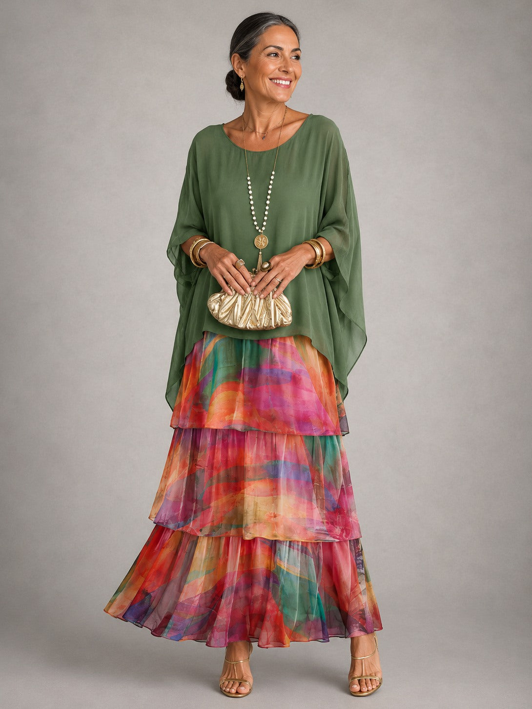 Chiffon Short Sleeve Tiered Maxi Dress